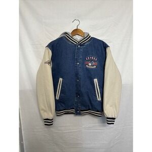 VTG Disney Eeyore Denim Varsity Jacket Blue Tan Snap Up Sz Small Disneyland Y2K